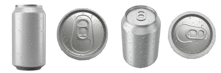 Variety beverage can top bottom side view mockup cold drink aluminum packaging soda refreshment sealed isolated on transparent background, png file