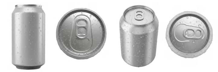 Variety beverage can top bottom side view mockup cold drink aluminum packaging soda refreshment sealed isolated on transparent background, png file