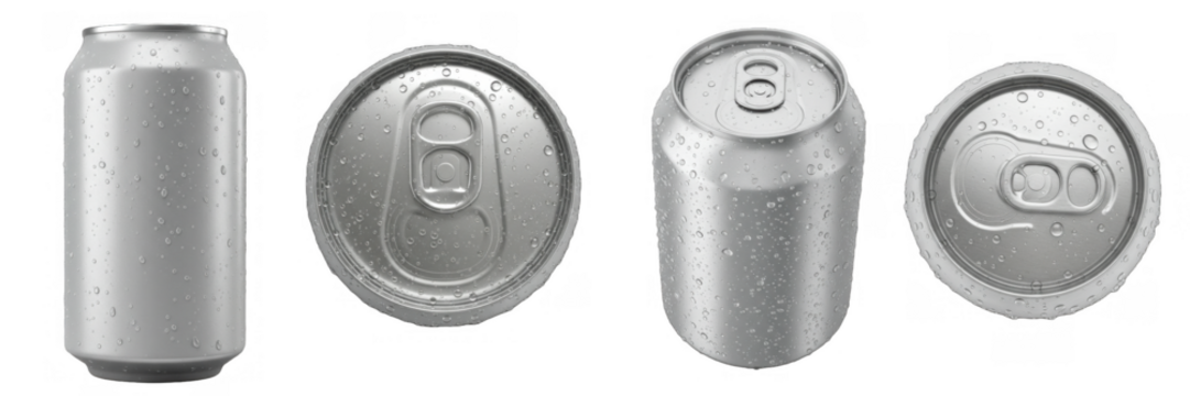 Variety beverage can top bottom side view mockup cold drink aluminum packaging soda refreshment sealed isolated on transparent background, png file