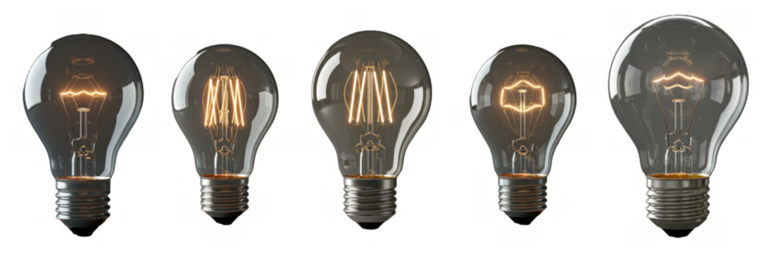 Glowing light bulb filament illumination glass electricity lamp idea concept innovation power technology object isolated on transparent background, png file