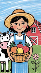 Illustration of a farmer with a fruit basket in a colorful farm scene.