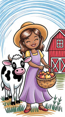 Illustration of a happy farmer girl with apples and a cow near a barn.