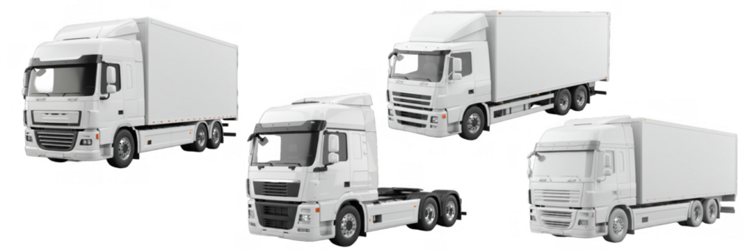 Delivery transport truck cargo logistics shipment freight trailer white vehicle business transportation service commercial carrier modern design isolated on transparent background, png file