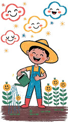 Latin american farmer watering plants under happy clouds illustration