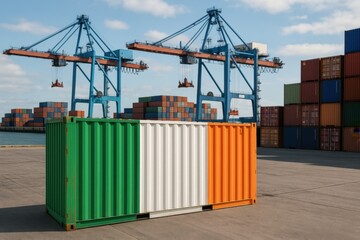 Cargo container with the Irish tricolor flag positioned in a busy shipping yard, symbolizing international trade and logistics.
