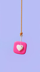 3D pink like icon with white heart caught on fish hook on an isolated violet background. Creative concept of social media addiction, online validation, and digital pressure.