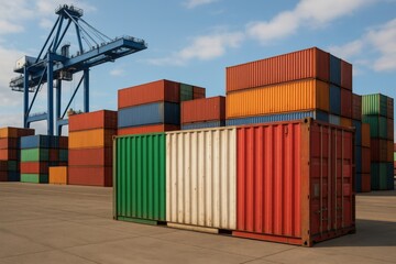 Shipping container painted with the Italian national flag, placed at an international freight terminal, symbolizing global trade and exports.
