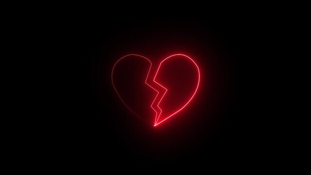 Animation icon of a broken heart 4k on black background. Concept of unrequited love broken heart neon sign animation Neon broken heart. Broken Heart Icon Animation. HD 