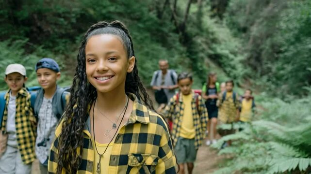 Smiling girl leading diverse group of kids on forest hike wearing yellow shirts and backpacks outdoors