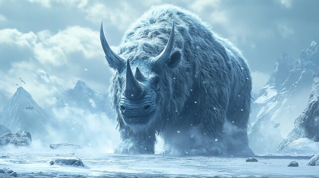 Woolly rhino stands in a snowy field with mountains in the background