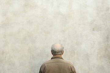 Elderly man standing in front of a blank wall