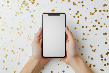 Hands holding a smartphone with a blank screen, surrounded by gold confetti on a white background