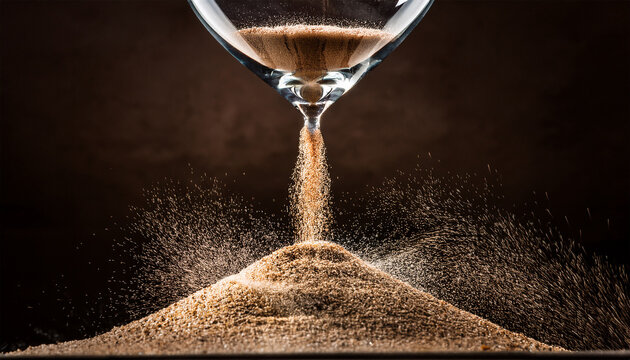sand exploding from the top bulb of an hourglass against a dark backdrop