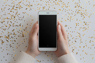 Hands holding a blank smartphone, surrounded by gold glitter