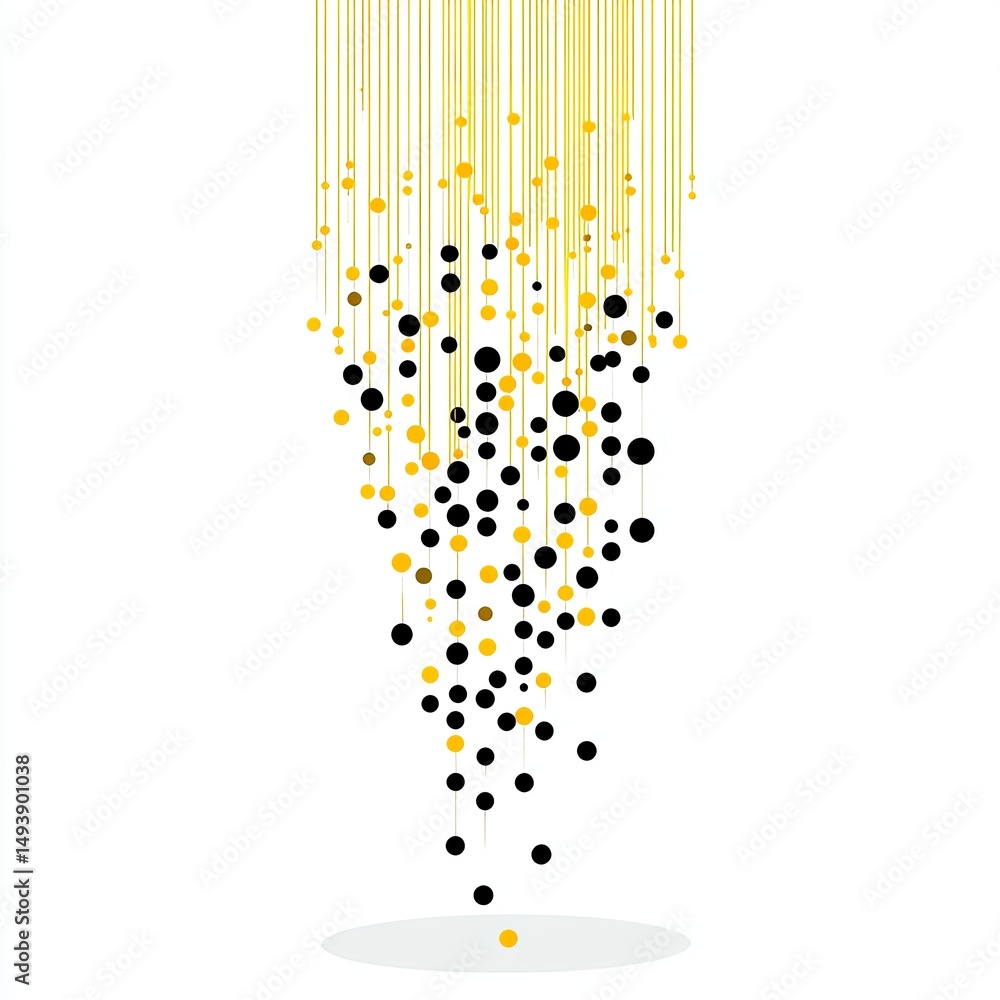 Poster abstract design with descending lines and circles. yellow and black circles fall vertically