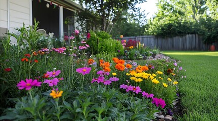 Vibrant flowerbeds bordering a home's backyard.