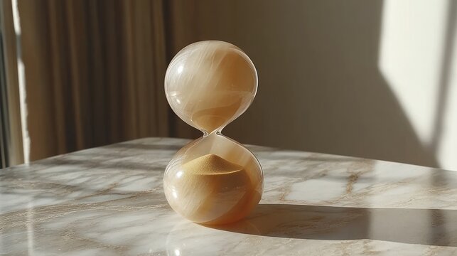 Elegant, amber-hued hourglass on marble surface.  Sunlight casts shadows - Powered by Adobe
