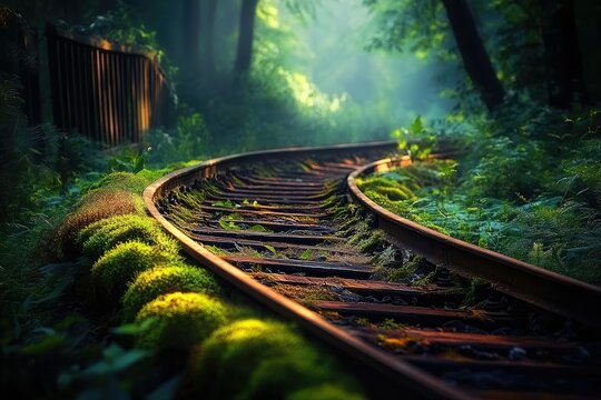 Overgrown railway track curving through a sunlit, mossy forest.