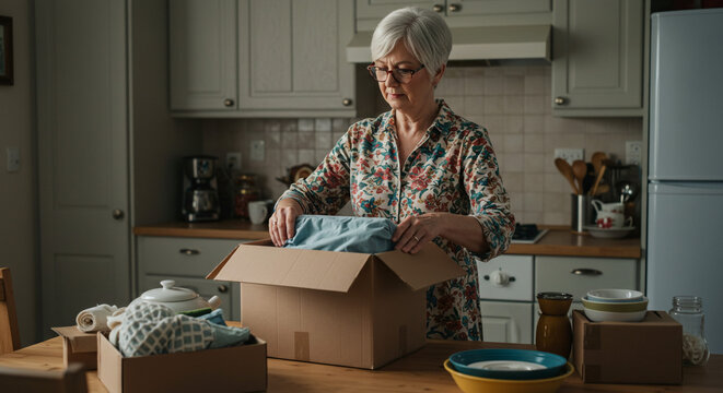Elderly woman packing items into cardboard box in kitchen with cabinets and appliances visible
