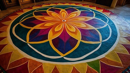 Colorful circular design painted on a floor.