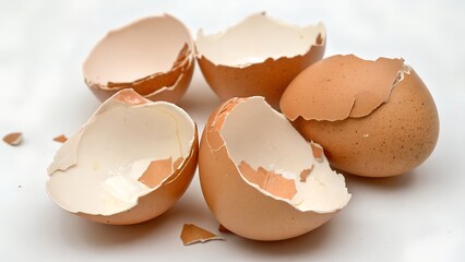 Cracked Brown Eggshells on White Background