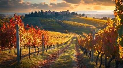 Colorful autumn vineyard landscape at golden hour.