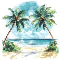 Naklejka premium Tropical Summer Beach Scene with Palm Trees Watercolor Background