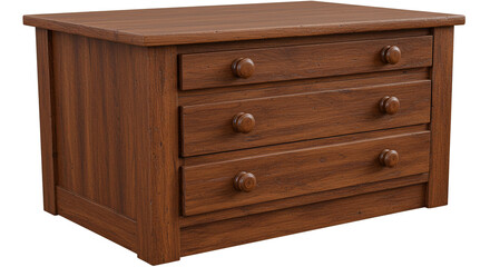 A wooden dresser with three drawers and round knobs sitting on a white background in a studio shot