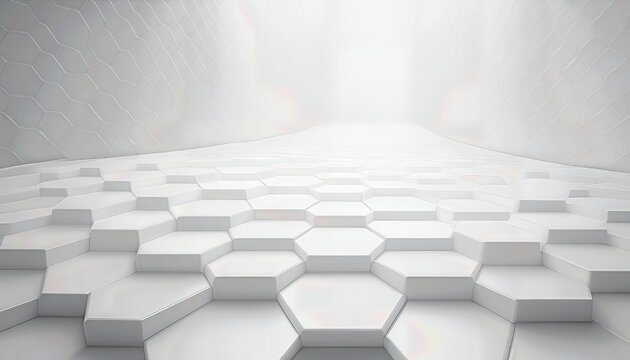 Futuristic Geometric Abstraction Widescreen Hexagonal Backdrop with White Hexagons, Illuminating a Vibrant and Abstract Digital Artwork Evoking a Sense of Modern Mystique at Dusk.