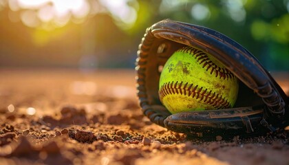 A softball nestled in a glove on the field at sunset captures the passion, tradition, and timeless spirit of American sports and summer leagues