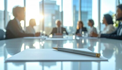 Corporate meeting scene emphasizing teamwork, executive collaboration, strategic planning and modern business environment with sunrise lighting