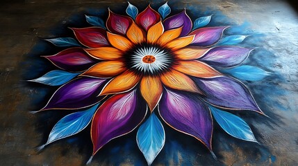 Vibrant floral mandala design on a textured surface.