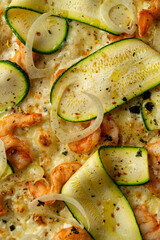 A mouthwatering dish featuring succulent shrimp and thinly sliced zucchini, garnished with herbs, presented beautifully at a charming restaurant