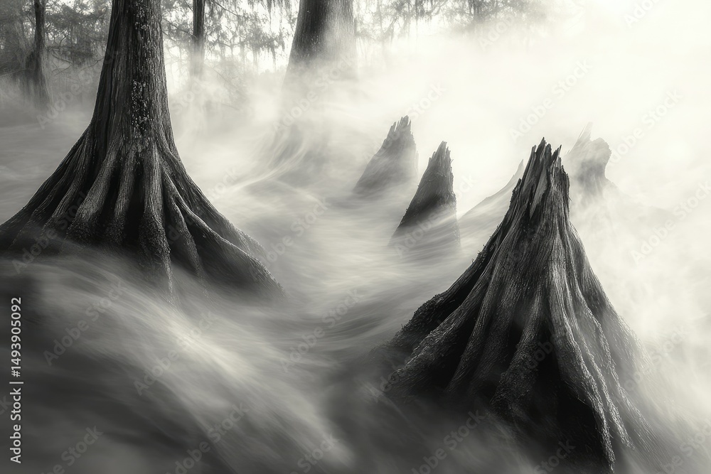 Aufkleber misty swamp scene with cypress tree roots emerging from flowing water, creating a surreal and ethere