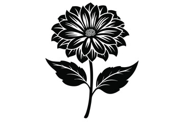 Black and White Graphic of a Dahlia Flower with Stem and Leaves