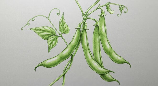 Botanical Illustration of Runner Bean Pods with Vine and Leaves Detail