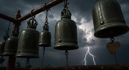Fototapeta premium Row of weathered metal bells against stormy skies conveying drama power and resilience evoking feelings of foreboding and anticipation in natural ambient outdoor light