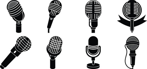 set of microphone silhouettes white background