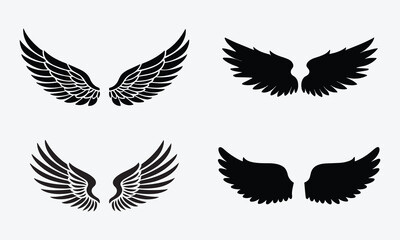 Set of Angel, Bird, and Feathered Designs in Silhouette Vector Style on White Background