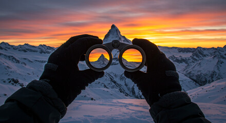 View of matterhorn mountain through binoculars held by gloved hands at sunset in snowy landscape