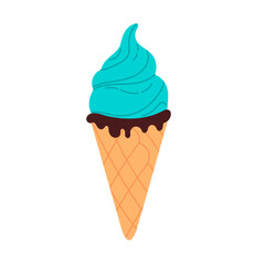 Blue ice cream cone with chocolate glaze and swirl top on white background, ideal for summer, dessert, and sweet food designs