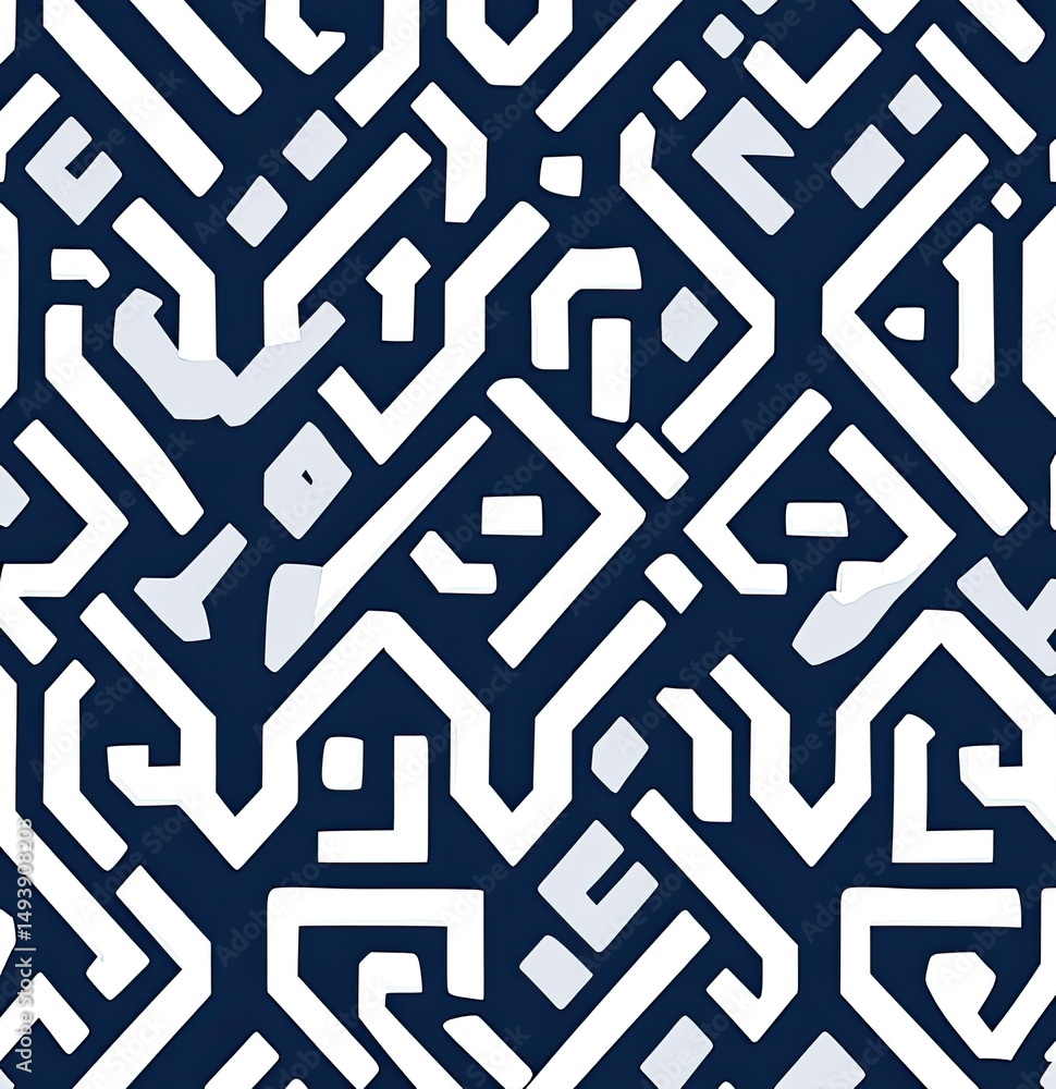 Poster intricate, geometric pattern of intersecting lines and shapes in white on a dark background, featuri