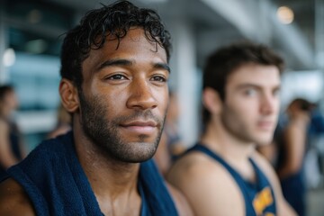 Fototapeta premium A focused swimmer is seen preparing for a competitive event. The athlete looks determined, showcasing strength, focus, and readiness to excel in the upcoming race.