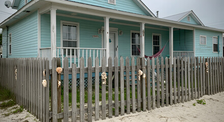 Fototapeta premium Tranquil Coastal Home With Turquoise Siding And Seashell Decorated Picket Fence