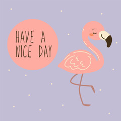 Flat style illustration of a smiling flamingo with a cute expression and uplifting message on a pastel background, perfect for children's products, greeting cards, or cheerful decorative designs.