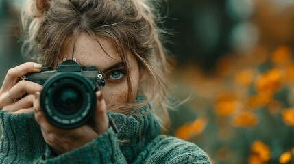 Photographer Capturing Moments with a Vintage Camera in Natures Embrace