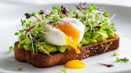 Avocado Toast With a Poached Egg and Microgreens on Brown Bread