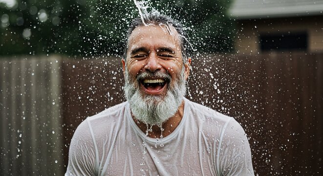 Joyful Man Experiencing Water Shower Refreshment Laughing Outdoors with Happiness and Positive Vibes