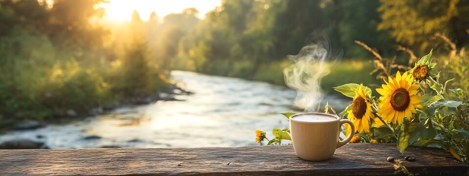 Steaming coffee mug and sunflowers on river background at sunset light. Morning drink in nature concept for peaceful relaxing time.