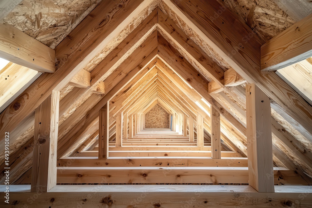 Aufkleber sunlight streams through windows in an unfinished room highlighting wooden beams and creating a brig